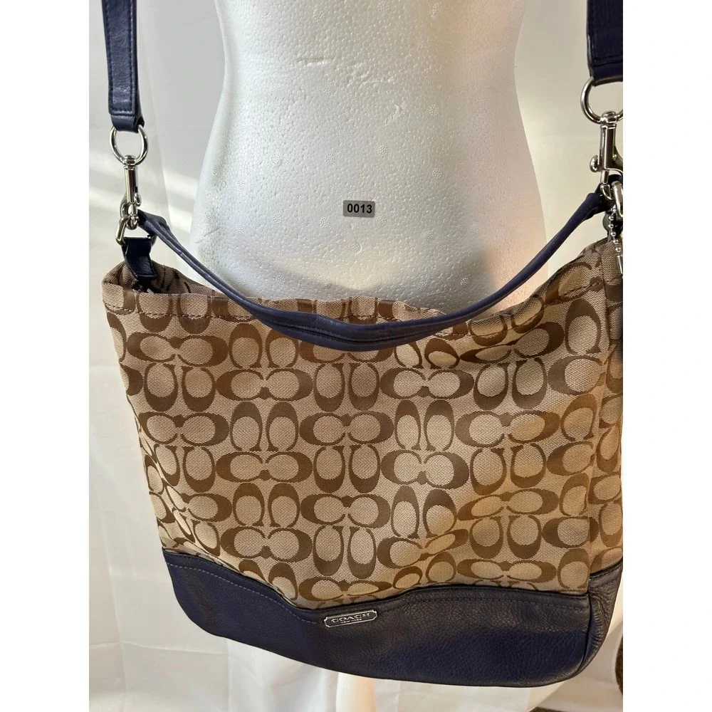Coach Signature Hobo Bag Purple Leather Trim Canvas Crossbody Shoulder Purse